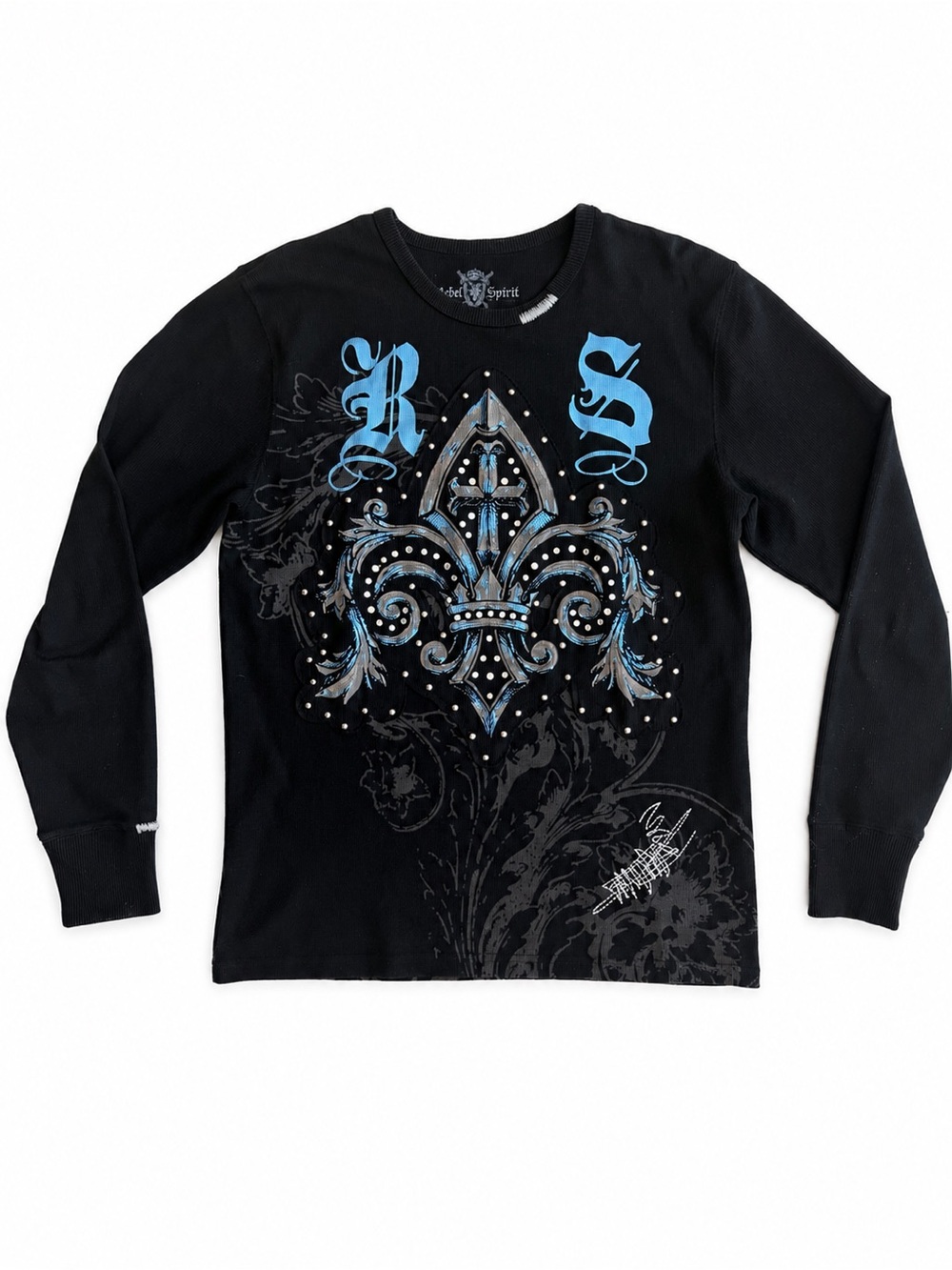 Rebel Spirit Black Long Sleeve Tee with Blue Fleur-de-Lis Graphic